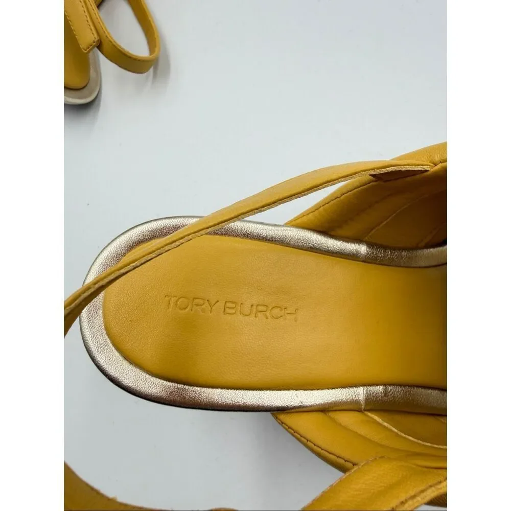 Tory Burch Yellow Metallic Puffy Leather Wedge Sandal Slingback Open Toe Size 9M
